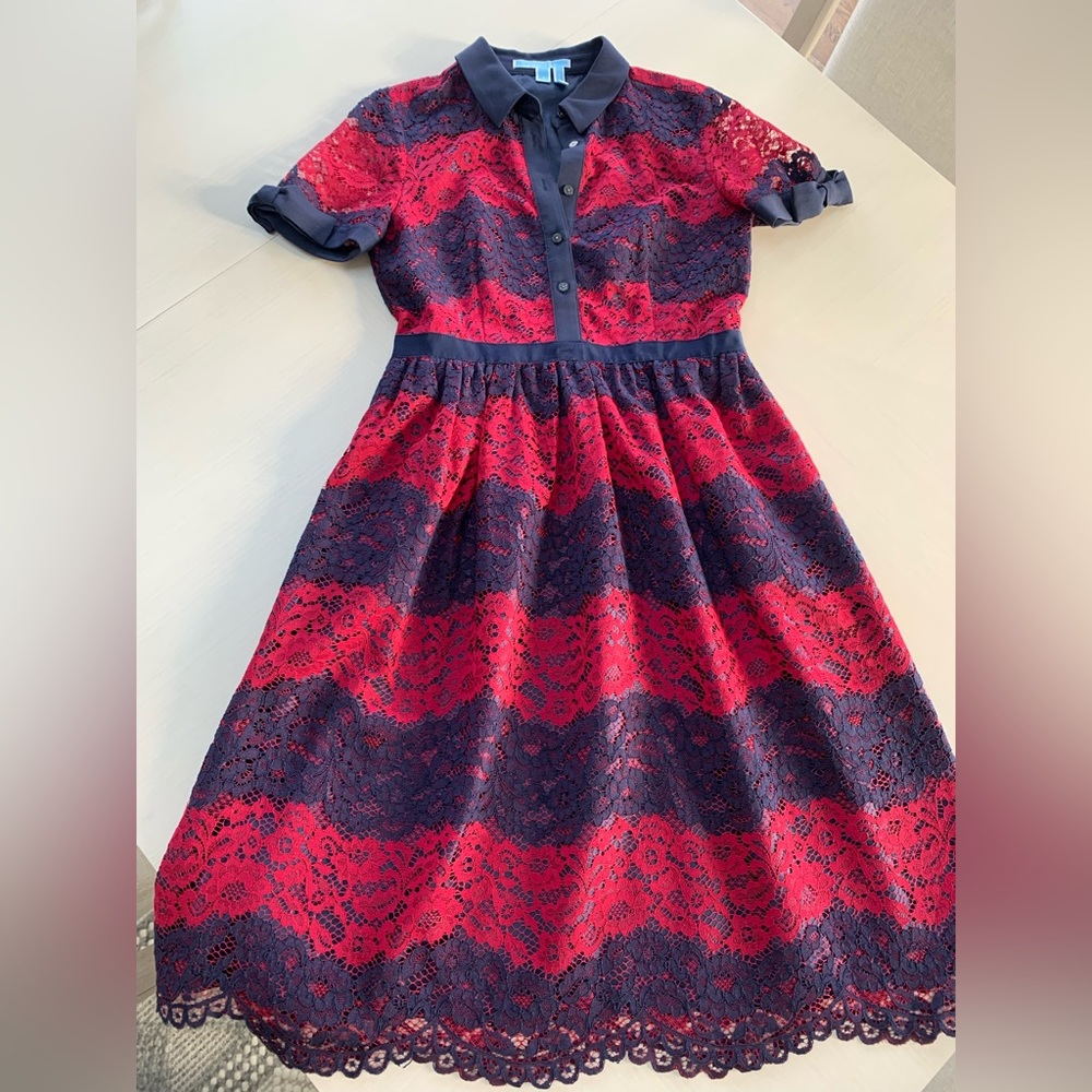 Draper James Blue and Pink Striped Lace Dress